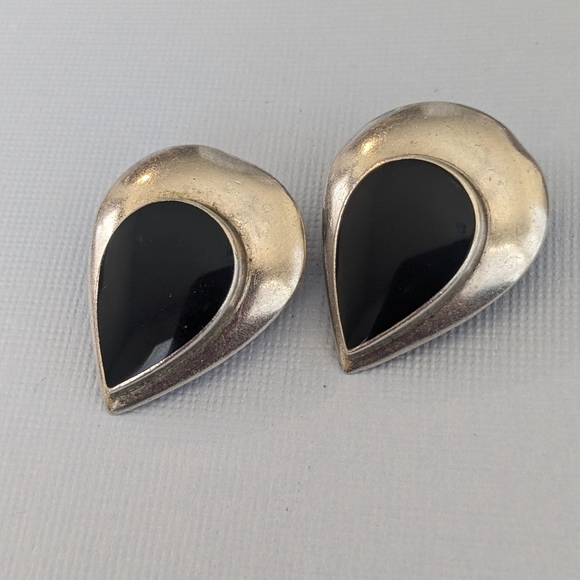 Signed Vintage 925 Sterling Silver Black Onyx Pear Shaped Clip On Earrings - Picture 4 of 12
